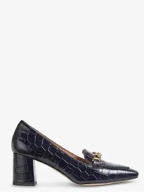 LK Bennett Black Croc-Embossed Block Heel Loafer with Gold Chain